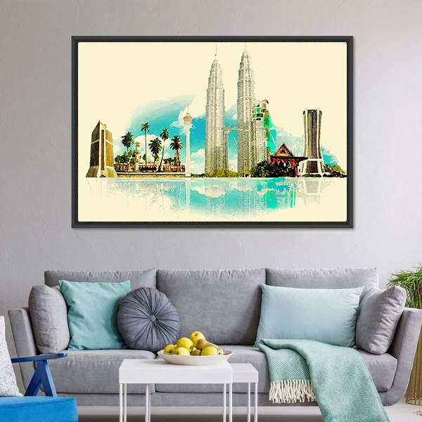 Kuala Lumpur City Illustration Canvas Wall Art-3 Horizontal-Gallery Wrap-25" x 16"-Tiaracle