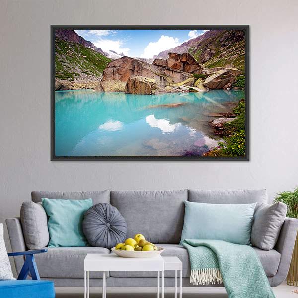 Lake In Mountains Canvas Wall Art-3 Horizontal-Gallery Wrap-25" x 16"-Tiaracle