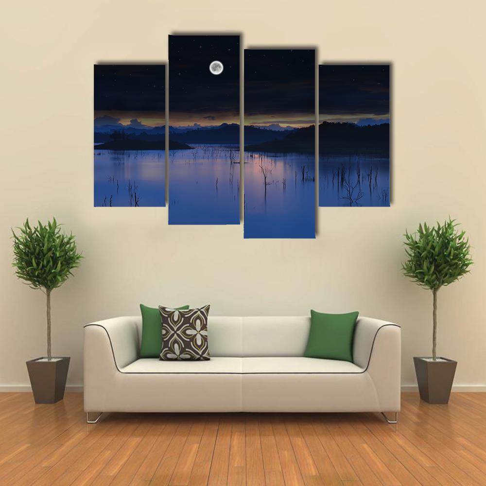 Lake With Full Moon Canvas Wall Art-4 Pop-Gallery Wrap-50" x 32"-Tiaracle