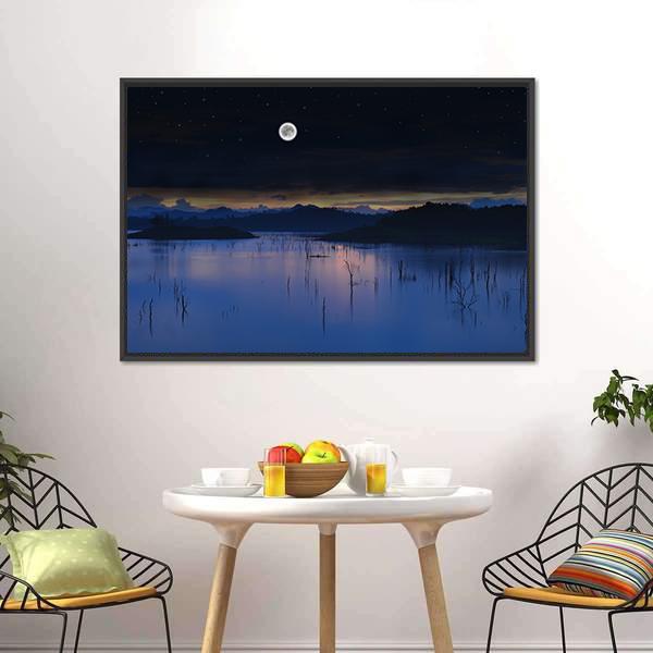 Lake With Full Moon Canvas Wall Art-3 Horizontal-Gallery Wrap-25" x 16"-Tiaracle