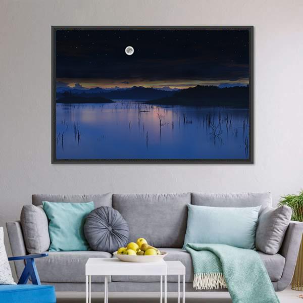 Lake With Full Moon Canvas Wall Art-3 Horizontal-Gallery Wrap-25" x 16"-Tiaracle