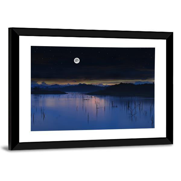 Lake With Full Moon Canvas Wall Art-3 Horizontal-Gallery Wrap-25" x 16"-Tiaracle