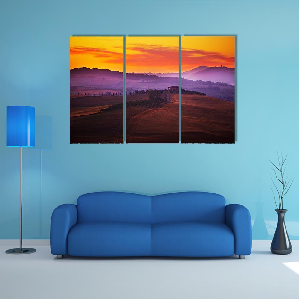 Tuscany At Sunset Canvas Wall Art-3 Horizontal-Gallery Wrap-37" x 24"-Tiaracle