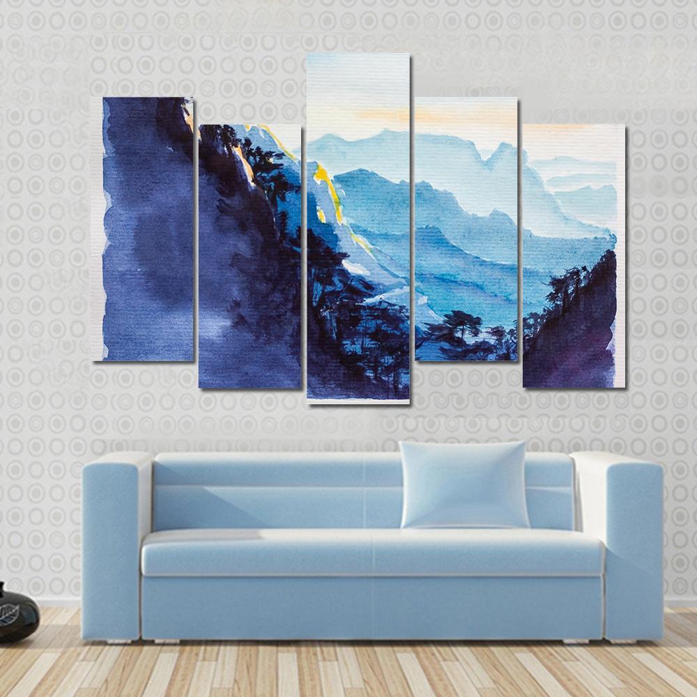 Mountains & Forest Watercolor Canvas Wall Art-5 Pop-Gallery Wrap-47" x 32"-Tiaracle