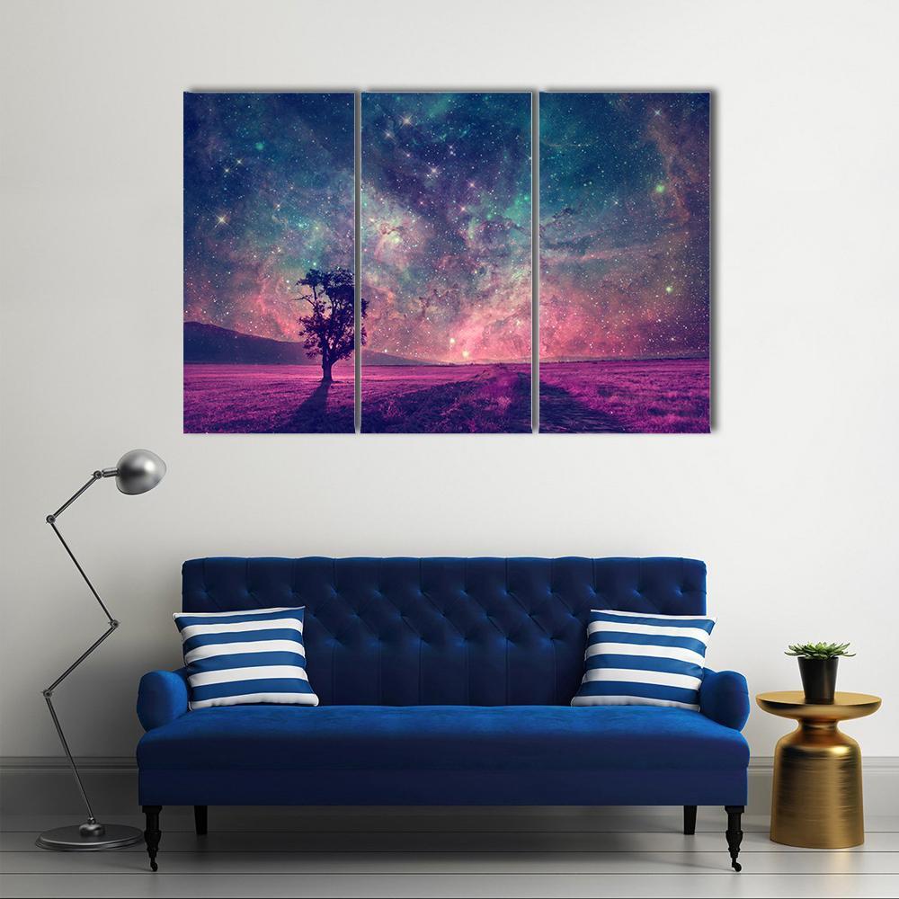 Tree In Purple Field Canvas Wall Art-3 Horizontal-Gallery Wrap-37" x 24"-Tiaracle