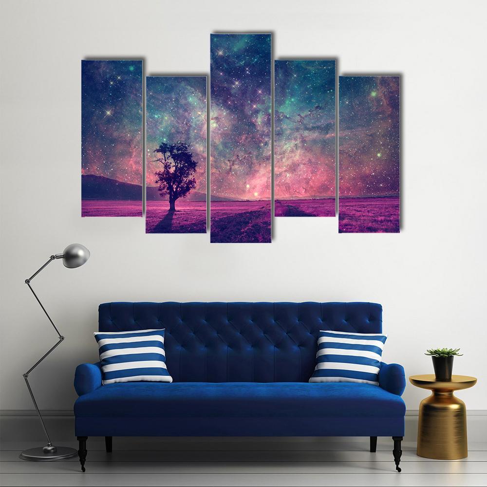 Tree In Purple Field Canvas Wall Art-5 Pop-Gallery Wrap-47" x 32"-Tiaracle