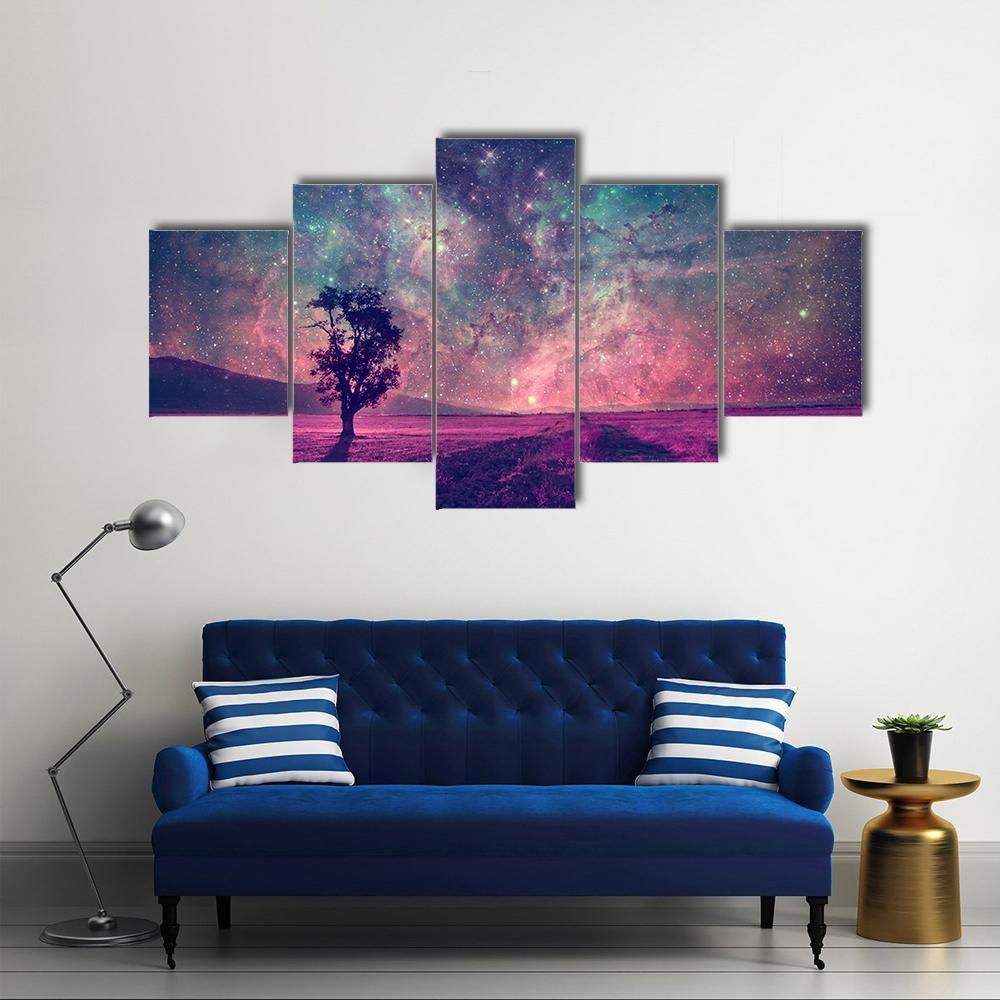 Tree In Purple Field Canvas Wall Art-5 Star-Gallery Wrap-62" x 32"-Tiaracle
