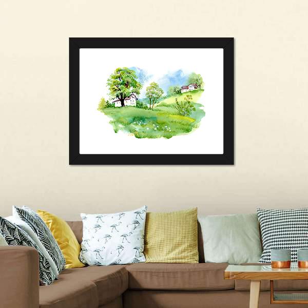 Landscape With Houses Watercolor Canvas Wall Art-3 Horizontal-Gallery Wrap-25" x 16"-Tiaracle
