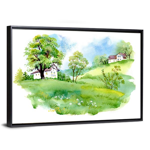 Landscape With Houses Watercolor Canvas Wall Art-3 Horizontal-Gallery Wrap-25" x 16"-Tiaracle