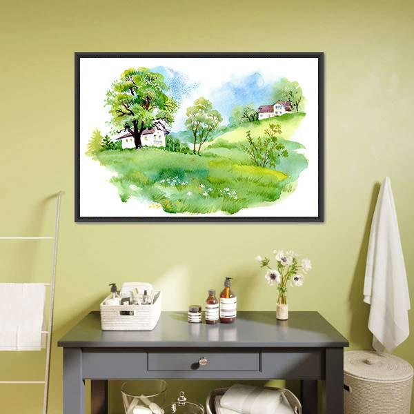 Landscape With Houses Watercolor Canvas Wall Art-1 Piece-Floating Frame-24" x 16"-Tiaracle