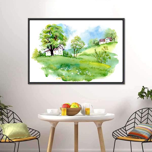Landscape With Houses Watercolor Canvas Wall Art-3 Horizontal-Gallery Wrap-25" x 16"-Tiaracle