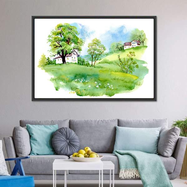 Landscape With Houses Watercolor Canvas Wall Art-3 Horizontal-Gallery Wrap-25" x 16"-Tiaracle