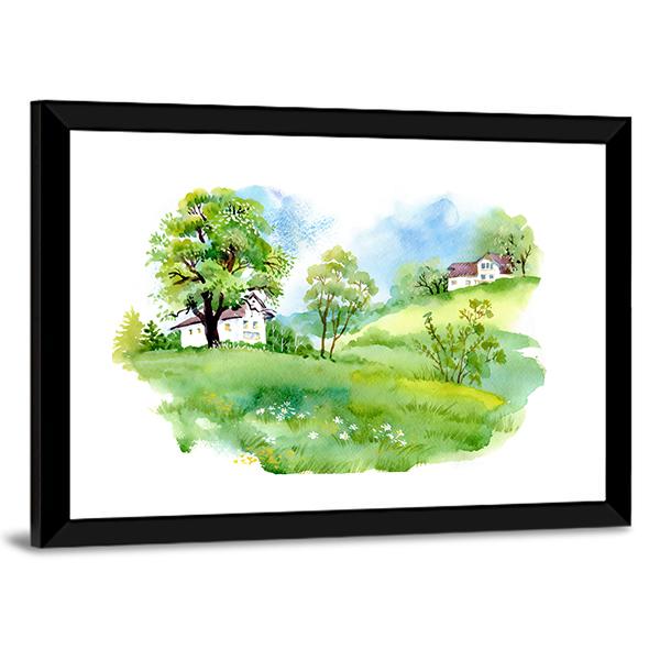 Landscape With Houses Watercolor Canvas Wall Art-3 Horizontal-Gallery Wrap-25" x 16"-Tiaracle