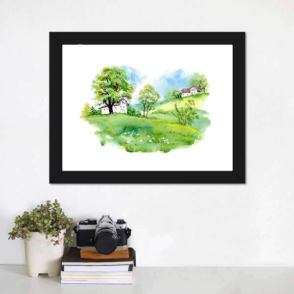 Landscape With Houses Watercolor Canvas Wall Art-1 Piece-Framed Print-20" x 16"-Tiaracle