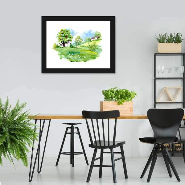 Landscape With Houses Watercolor Canvas Wall Art-3 Horizontal-Gallery Wrap-25" x 16"-Tiaracle
