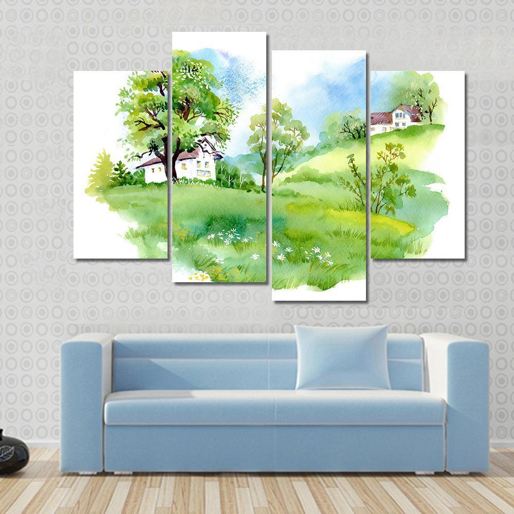 Landscape With Houses Watercolor Canvas Wall Art-4 Pop-Gallery Wrap-50" x 32"-Tiaracle