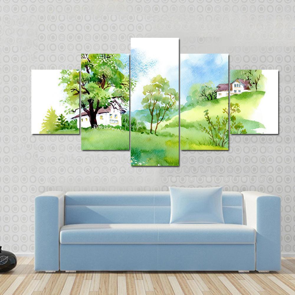 Landscape With Houses Watercolor Canvas Wall Art-5 Star-Gallery Wrap-62" x 32"-Tiaracle