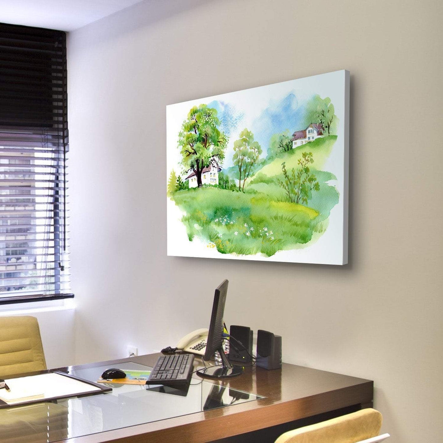 Landscape With Houses Watercolor Canvas Wall Art-3 Horizontal-Gallery Wrap-25" x 16"-Tiaracle