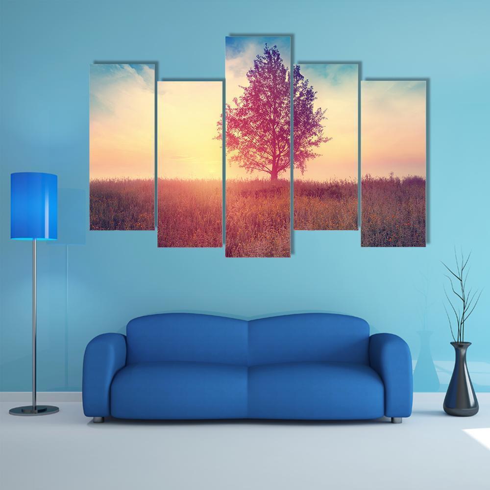 Alone Tree Over Sunrise Canvas Wall Art-5 Pop-Gallery Wrap-47" x 32"-Tiaracle