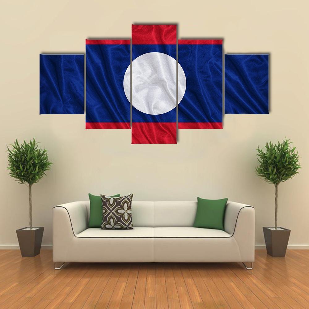Waving Laos Flag Canvas Wall Art-5 Star-Gallery Wrap-62" x 32"-Tiaracle