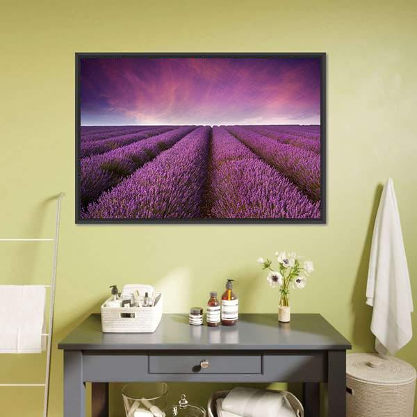 Lavender Field At Sunset Canvas Wall Art-1 Piece-Floating Frame-24" x 16"-Tiaracle