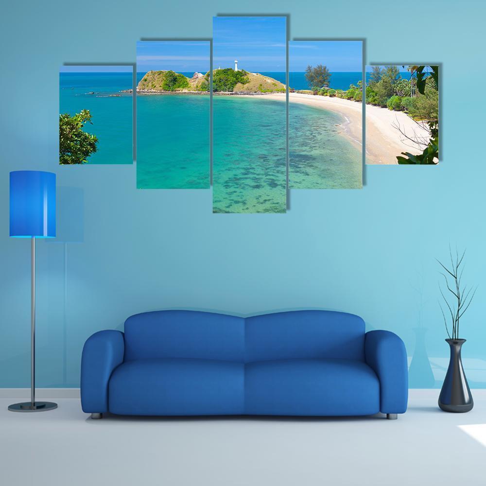 Lighthouse & Beach Canvas Wall Art-5 Star-Gallery Wrap-62" x 32"-Tiaracle