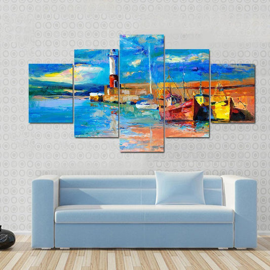 Lighthouse & Boats Abstract Canvas Wall Art-5 Star-Gallery Wrap-62" x 32"-Tiaracle