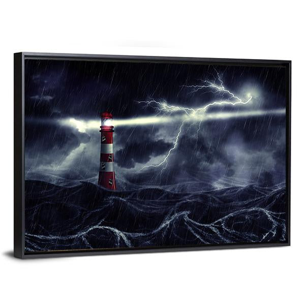 Lighthouse In Stormy Sea Canvas Wall Art-3 Horizontal-Gallery Wrap-25" x 16"-Tiaracle