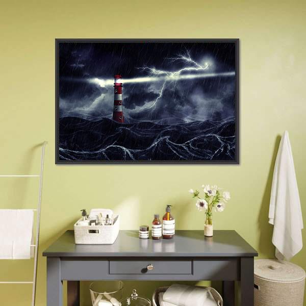 Lighthouse In Stormy Sea Canvas Wall Art-1 Piece-Floating Frame-24" x 16"-Tiaracle