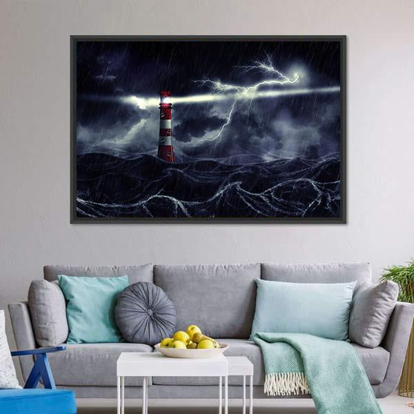 Lighthouse In Stormy Sea Canvas Wall Art-3 Horizontal-Gallery Wrap-25" x 16"-Tiaracle