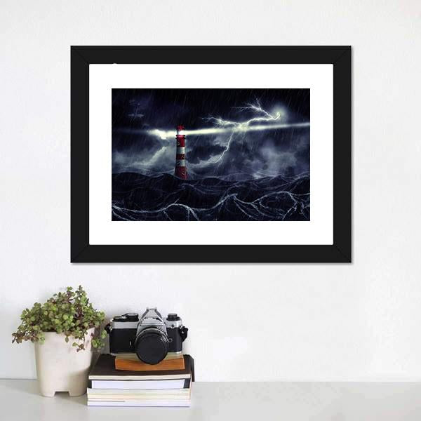 Lighthouse In Stormy Sea Canvas Wall Art-1 Piece-Framed Print-20" x 16"-Tiaracle