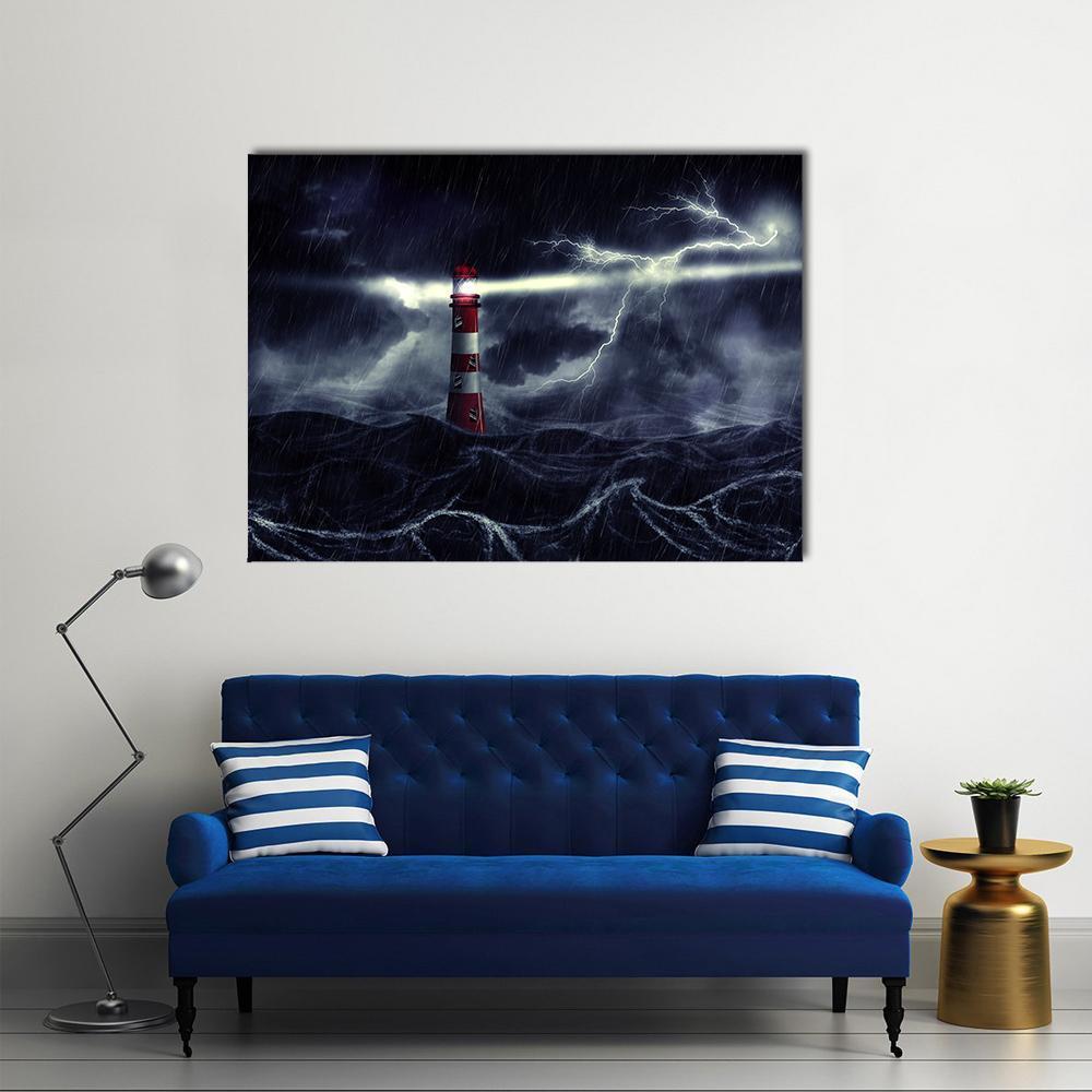 Lighthouse In Stormy Sea Canvas Wall Art-1 Piece-Gallery Wrap-48" x 32"-Tiaracle