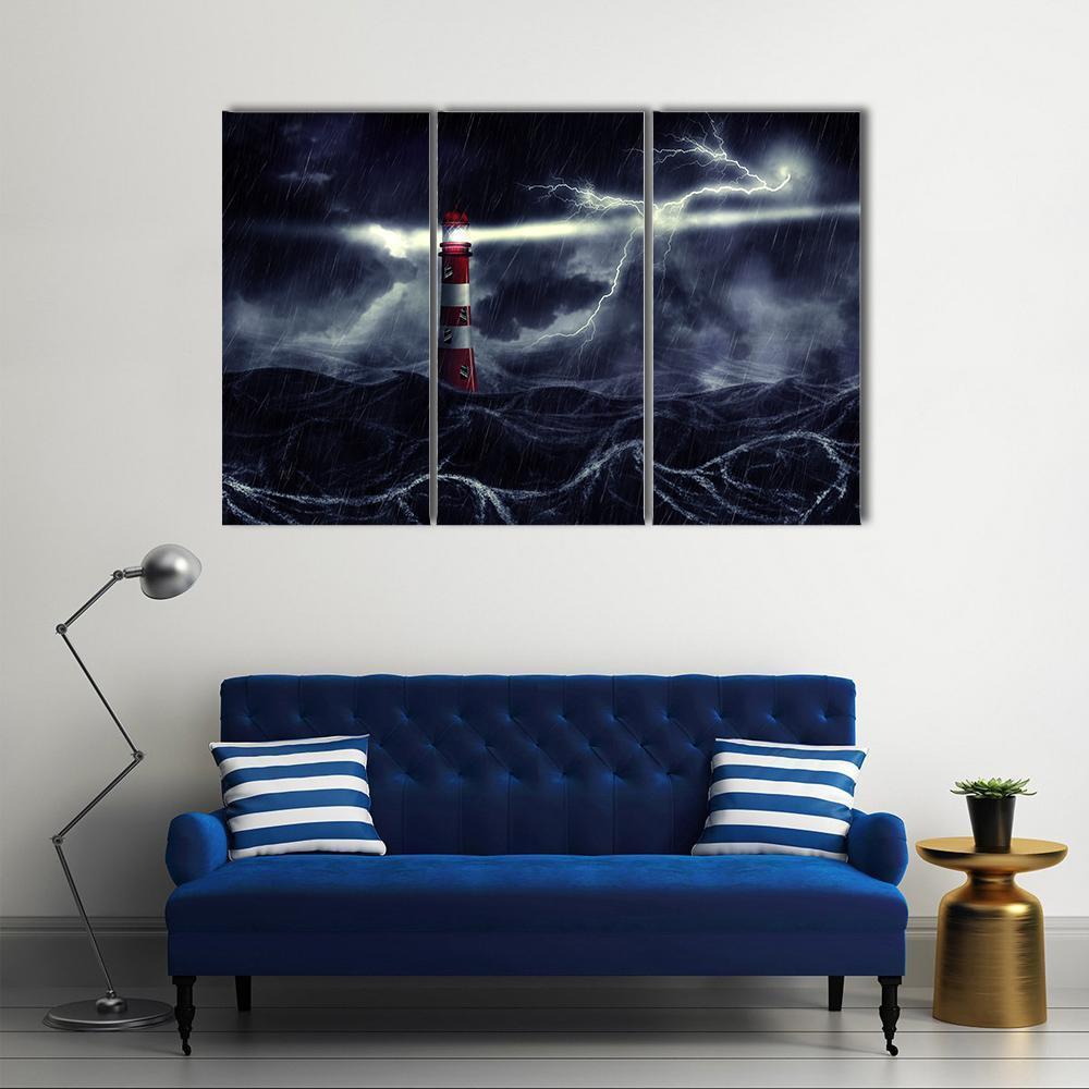 Lighthouse In Stormy Sea Canvas Wall Art-3 Horizontal-Gallery Wrap-37" x 24"-Tiaracle