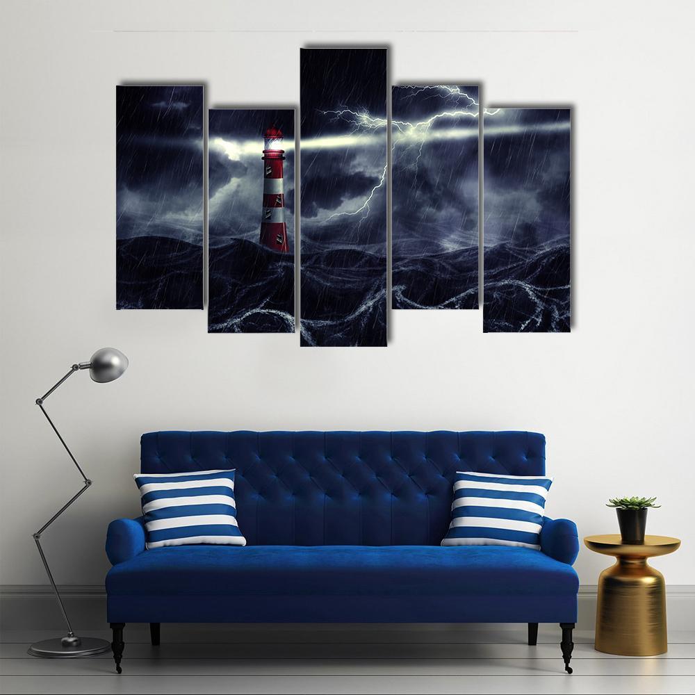 Lighthouse In Stormy Sea Canvas Wall Art-5 Pop-Gallery Wrap-47" x 32"-Tiaracle