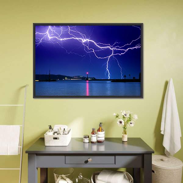 Lightning Above Lake Canvas Wall Art-1 Piece-Floating Frame-24" x 16"-Tiaracle