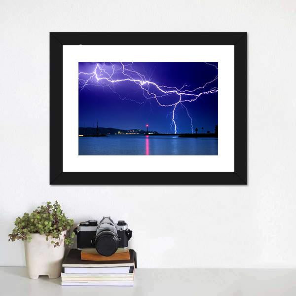 Lightning Above Lake Canvas Wall Art-1 Piece-Framed Print-20" x 16"-Tiaracle