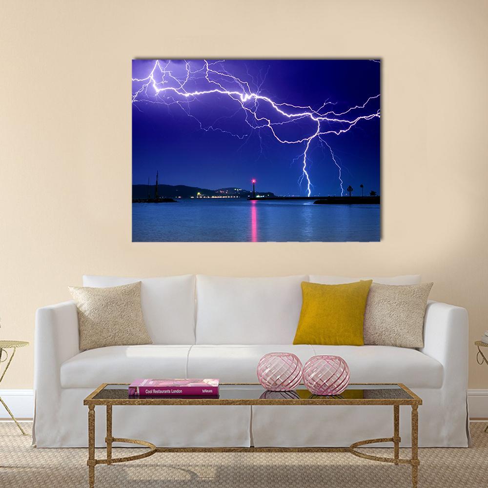 Lightning Above Lake Canvas Wall Art-1 Piece-Gallery Wrap-48" x 32"-Tiaracle