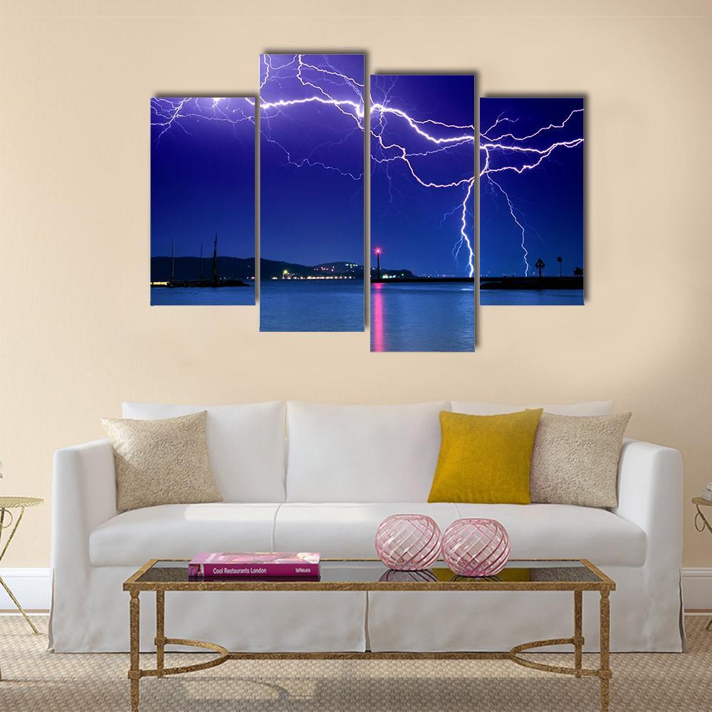 Lightning Above Lake Canvas Wall Art-4 Pop-Gallery Wrap-50" x 32"-Tiaracle