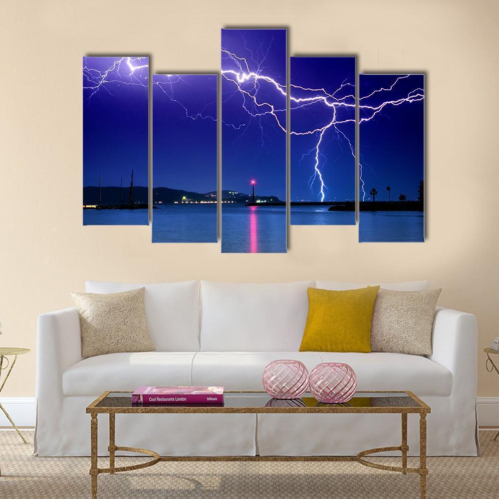 Lightning Above Lake Canvas Wall Art-5 Pop-Gallery Wrap-47" x 32"-Tiaracle