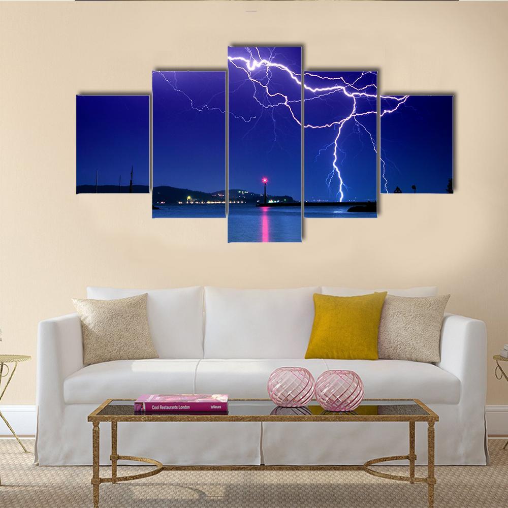 Lightning Above Lake Canvas Wall Art-5 Star-Gallery Wrap-62" x 32"-Tiaracle