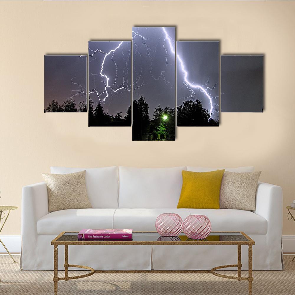 Lightning In Summer Storm Canvas Wall Art-5 Star-Gallery Wrap-62" x 32"-Tiaracle