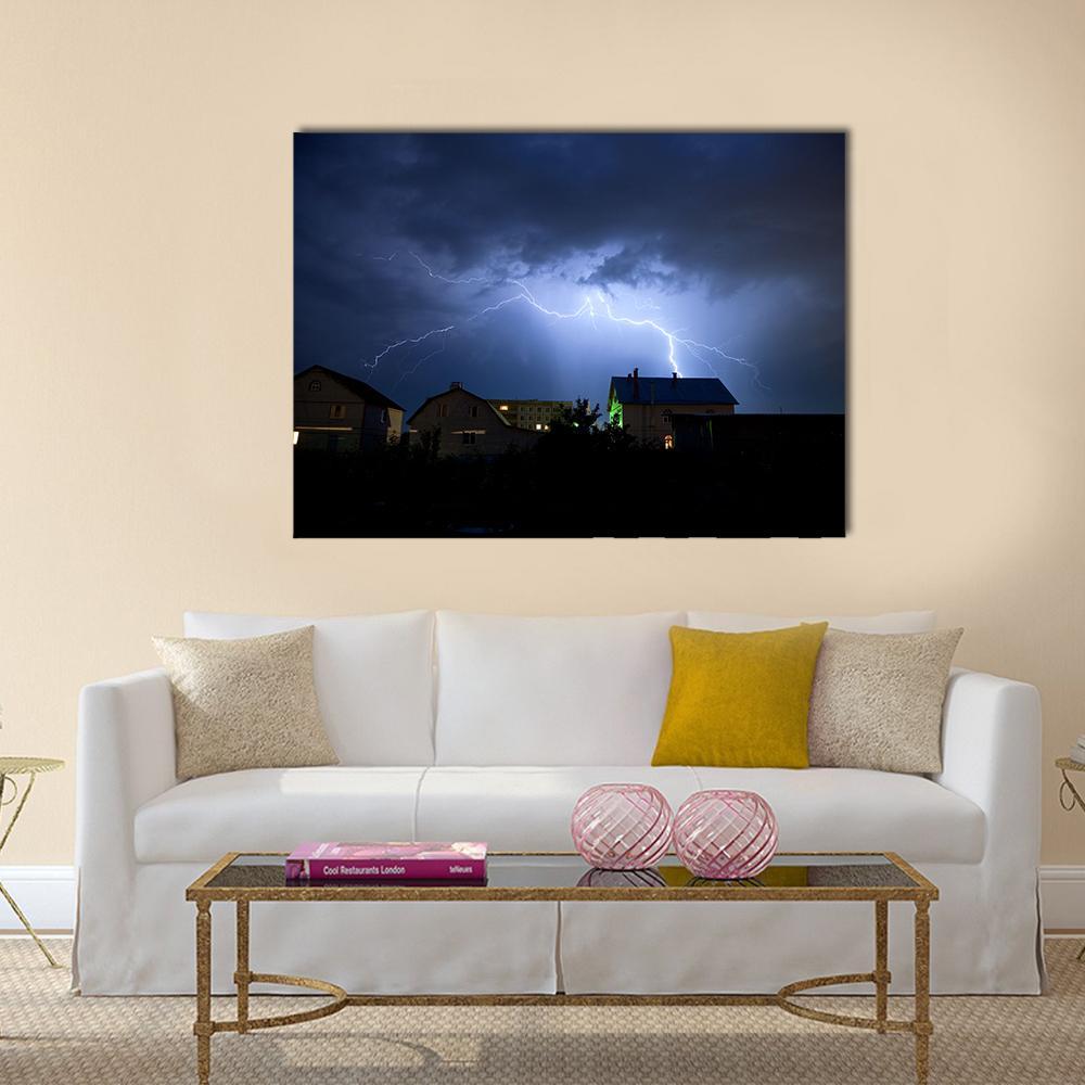 Lightning Over Village Canvas Wall Art-1 Piece-Gallery Wrap-48" x 32"-Tiaracle