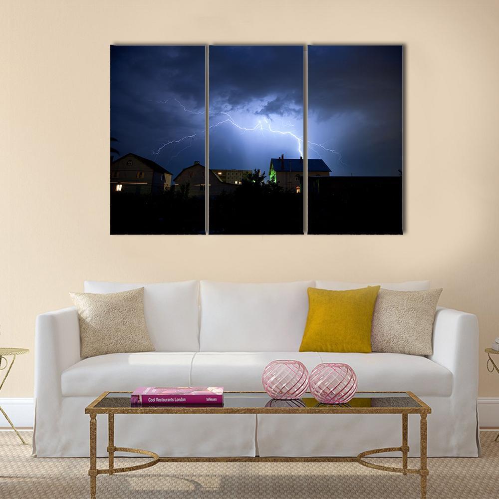 Lightning Over Village Canvas Wall Art-3 Horizontal-Gallery Wrap-37" x 24"-Tiaracle