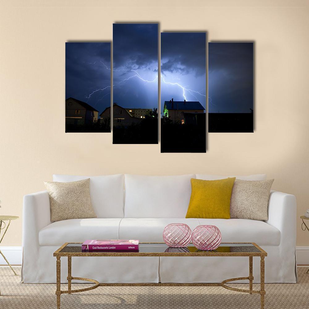 Lightning Over Village Canvas Wall Art-4 Pop-Gallery Wrap-50" x 32"-Tiaracle