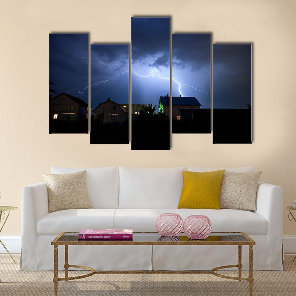 Lightning Over Village Canvas Wall Art-5 Pop-Gallery Wrap-47" x 32"-Tiaracle