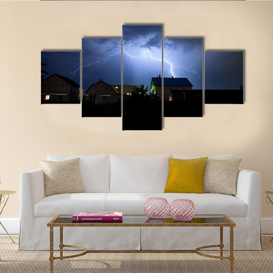 Lightning Over Village Canvas Wall Art-5 Star-Gallery Wrap-62" x 32"-Tiaracle