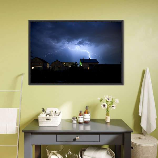 Lightning Over Village Canvas Wall Art-1 Piece-Floating Frame-24" x 16"-Tiaracle