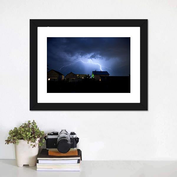 Lightning Over Village Canvas Wall Art-1 Piece-Framed Print-20" x 16"-Tiaracle