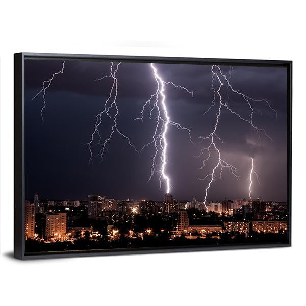 Lightning Storm Over City Canvas Wall Art-3 Horizontal-Gallery Wrap-25" x 16"-Tiaracle