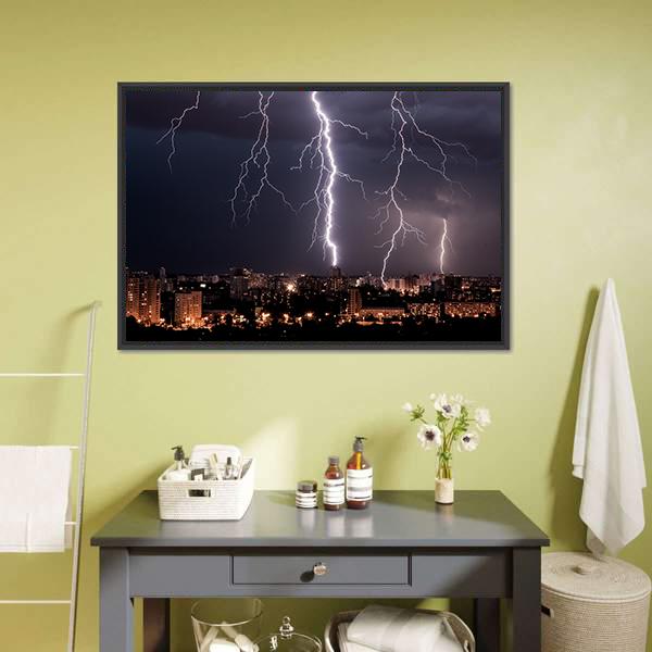 Lightning Storm Over City Canvas Wall Art-1 Piece-Floating Frame-24" x 16"-Tiaracle